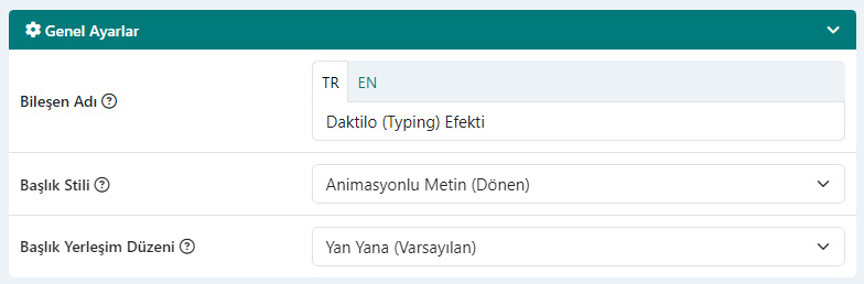 Animasyonlu / Vurgulu Başlık Bileşeni Genel Ayarları