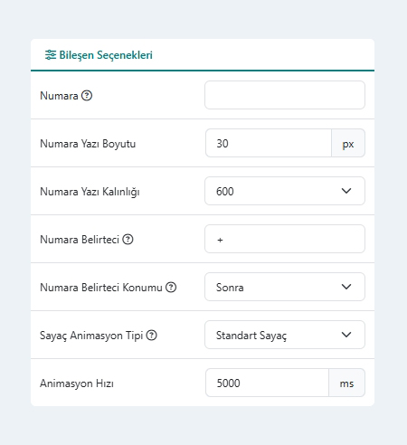 Animasyonlu Numara Bileşeni Bileşen Seçenekleri