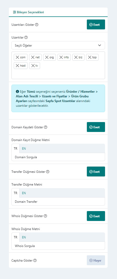 Domain Formu Modülü Bileşen Seçenekleri