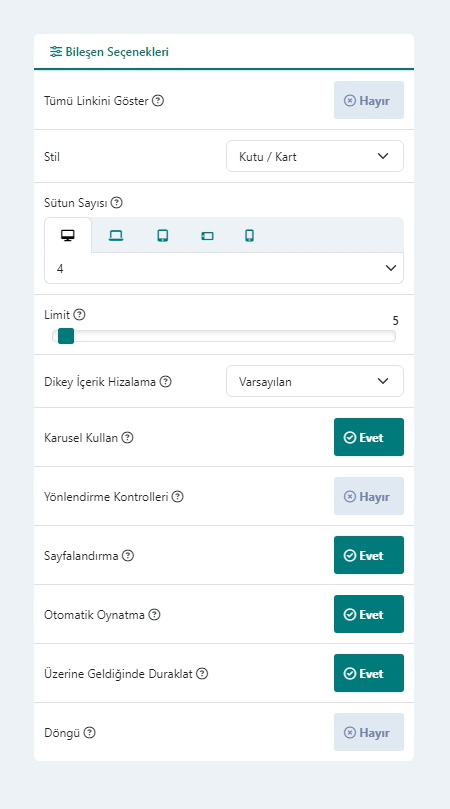 Sunucu Paketleri Modülü Bileşen Seçenekleri