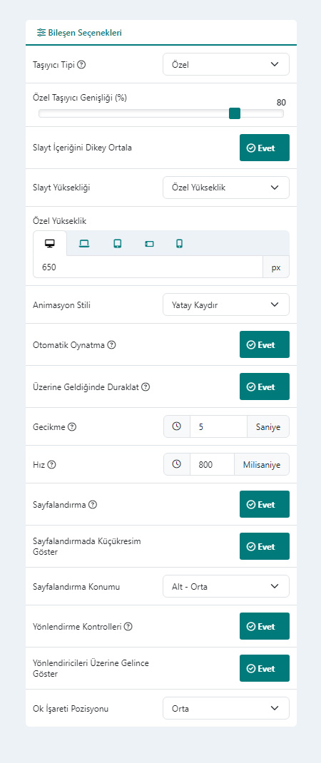 Slayt Gösterisi Bileşeni Bileşen Seçenekleri